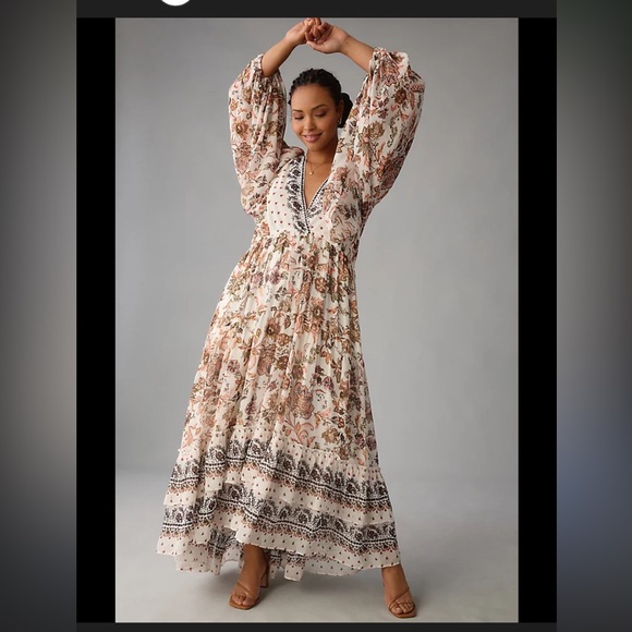 Anthropologie Dresses & Skirts - Anthropologie Cream Maxi Dress with Brown Floral Print